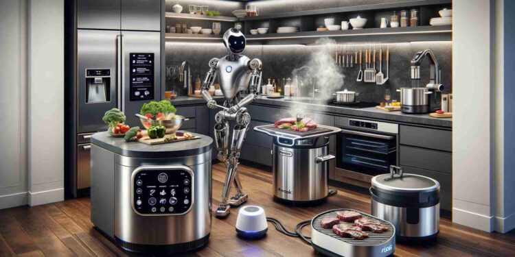 A hyper-realistic modern kitchen filled with advanced kitchen robots. In the center, a sleek, stainless steel multifunctional robot chef with multiple articulated arms prepares a gourmet meal with precise movements. Nearby, an advanced sous vide machine precisely cooks meat in a water bath with digital temperature control. On the counter, a smart grill perfectly grills steaks, emitting realistic smoke and grill marks. The floor is being cleaned by a high-tech iRobot Roomba j7+ and a sleek Samsung Bespoke Jet Bot AI+ with sensors. The refrigerator is a stylish Samsung Family Hub with a large touchscreen displaying recipes. The kitchen also features a compact Instant Pot Pro Plus 10, a modern Breville Precision Brewer Thermal coffee machine, and a KitchenAid Spiralizer Attachment cutting fresh vegetables. The kitchen is immaculate, organized, and equipped with cutting-edge appliances, showcasing a seamless blend of advanced technology and culinary innovation.