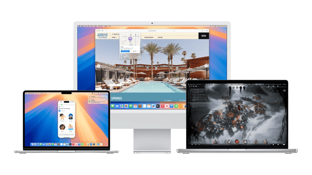 A trio of Apple devices showcasing macOS 15 with new features and enhanced user experiences, including advanced AI integrations. The devices include an iMac, MacBook Pro, and MacBook Air, each displaying different applications