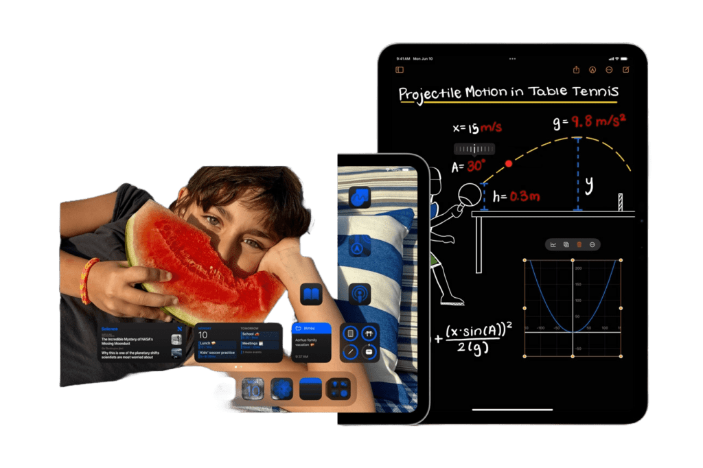 An iPad and iPhone running iPadOS 18 and iOS 18, respectively, highlighting the new customizable widgets, enhanced AI-driven apps, and interactive educational content. A child is seen enjoying an interactive learning experience with new AR features.