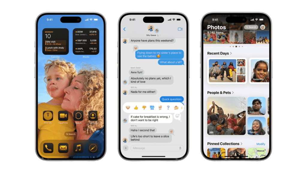 Three iPhones displaying various new features in iOS 18, including personalized widgets, improved messaging app with AI-driven features, and enhanced Photos app with smart album organization.