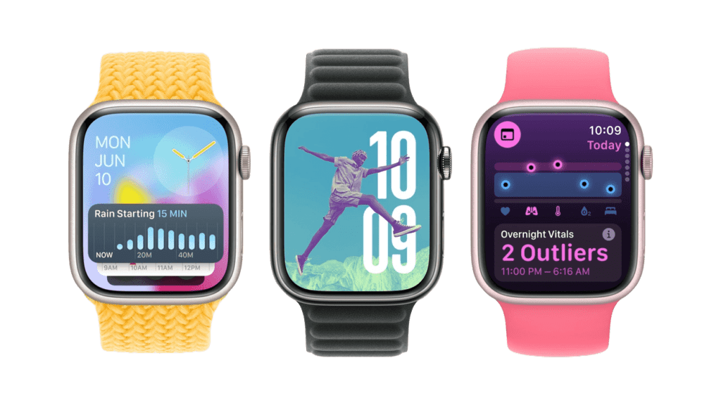 Three Apple Watches featuring watchOS 11, showcasing new health monitoring capabilities, advanced fitness tracking, and AI-driven personal assistant enhancements.